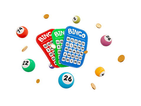 3d flying lottery tickets, colorful lottery balls and gold coins on white isolated background. 3d rendering illustration.