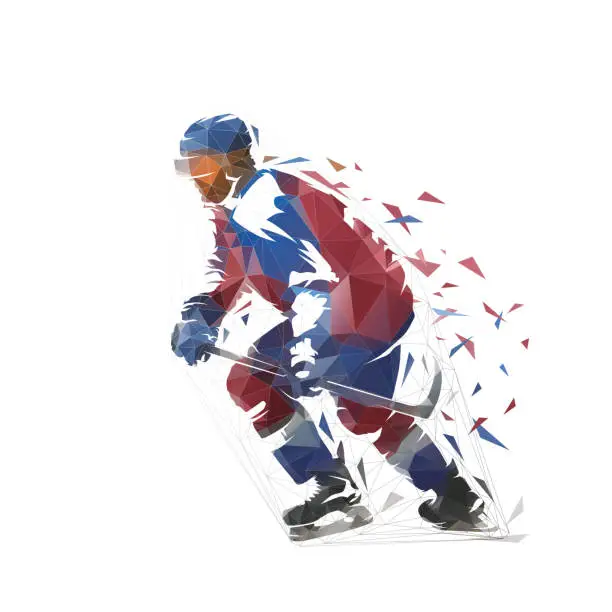 Vector illustration of Ice hockey player, low poly isolated vector illustration, geometric drawing from triangles. Side view, ice skating