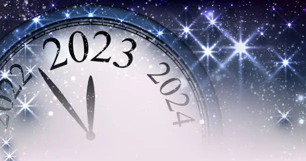 Vector illustration of Half hidden clock showing 2023 with stars.