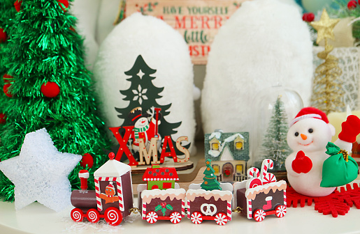 Colorful Christmas Decorations with Snowman and Wooden Toys
