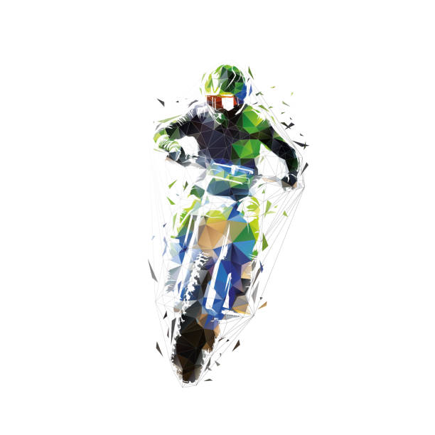 Motocross. Rider jumping on motorcycle, isolated low polygonal vector illustration, front view. Enduro motocross logo, geometric drawing from triangles vector art illustration