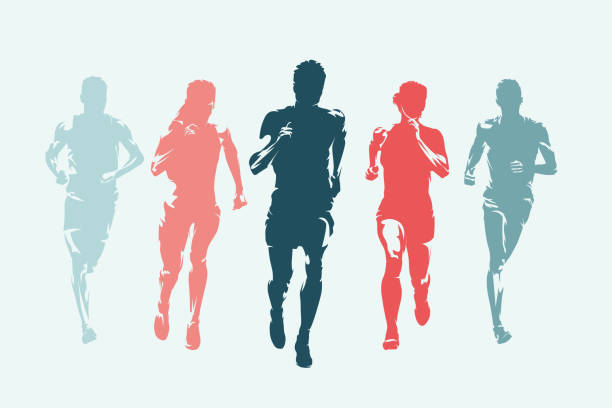 бег, группа бегущих людей, мужчин и женщин, вид спереди. набор изолированных векторных силуэтов, рисунок тушью - track event stock illustrations
