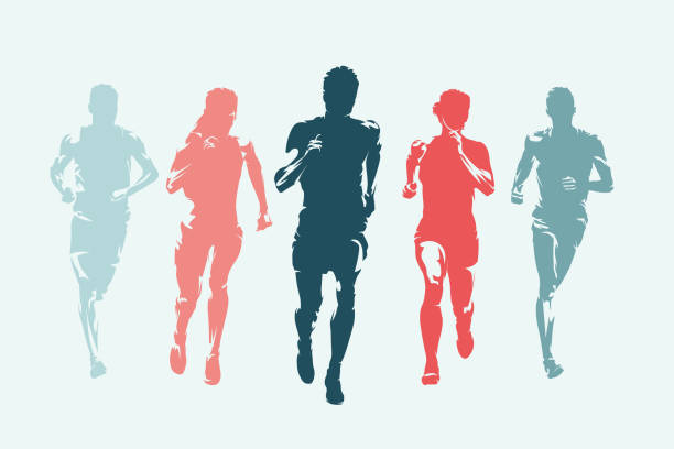 bildbanksillustrationer, clip art samt tecknat material och ikoner med run, group of running people, men and women, front view. set of isolated vector silhouettes, ink drawing - löpning