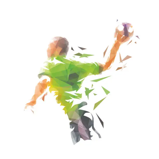 Vector illustration of Handball player throwing ball, low polygonal isolated vector illustration from triangles. Handball logo