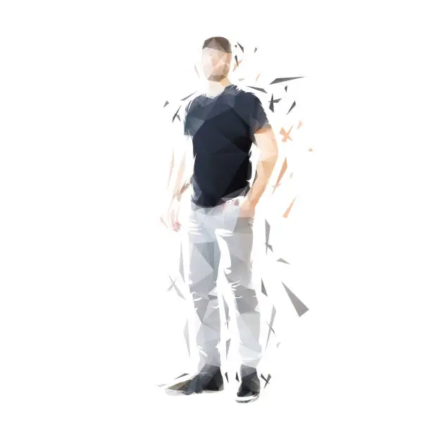 Vector illustration of Man clothed in shirt and jeans standing, front view. Isolated low polygonal vector illustration from triangles