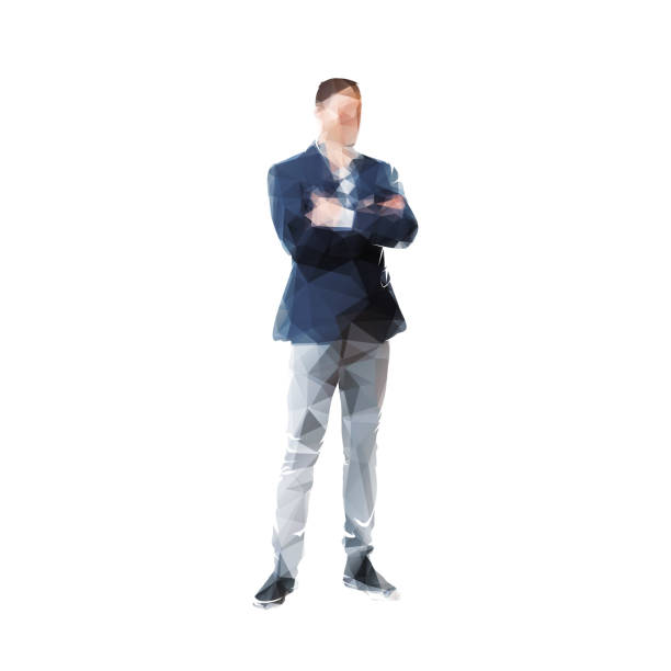ilustraciones, imágenes clip art, dibujos animados e iconos de stock de hombre de negocios de pie con los brazos cruzados, ilustración vectorial poligonal baja aislada de triángulos, vista frontal - businessman computer icon white background symbol