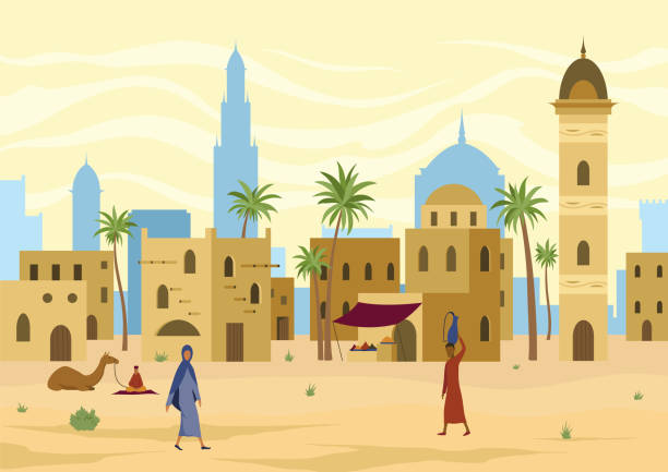 中東。伝統的な泥レンガ造りの家と人々を持つアラビアの砂漠の風景。背景に古代の建物。ラクダとベドウィン、頭に水差しを持つ男。フラットベクターイラスト - east middle road desert点のイラスト素材／クリップアート素材／マンガ素材／アイコン素材