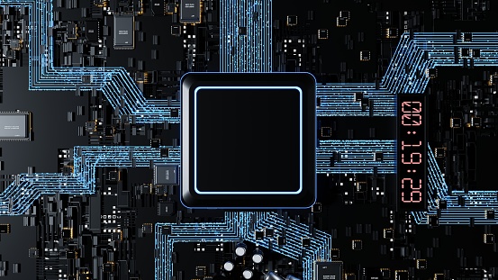 Macro Close up of printed wiring and components on PC circuit board