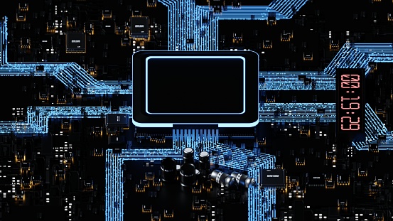 A 3D  render of a Central Processing Unit on a motherboard. The chip and the circuitry has a blue backlight. The CPU is located in the centre surrounded by circuitry. There is a digital clock near the chip.