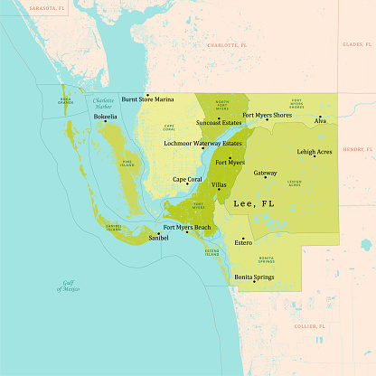 FL Lee County Vector Map Green. All source data is in the public domain. U.S. Census Bureau Census Tiger. Used Layers: areawater, linearwater, cousub, pointlm.
