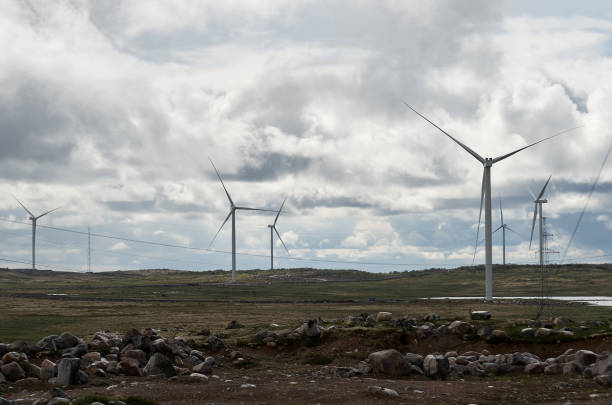 istock Wind farm in hilly area under cloudy sky 1447637566