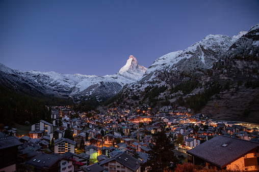 Panoramic view of Zermatt and Matterhorn peak background in the swiss Alps
