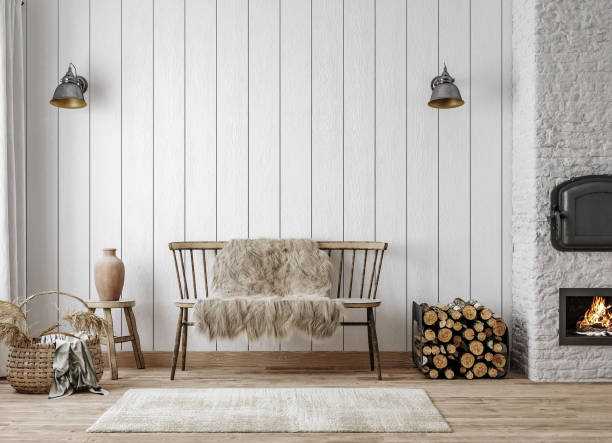 Scandinavian farmhouse living room interior, wall mockup stock photo