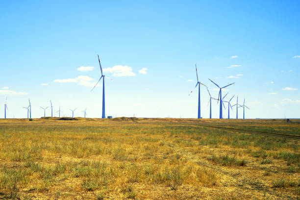 istock wind farm in the steppe against the blue sky 1447639342