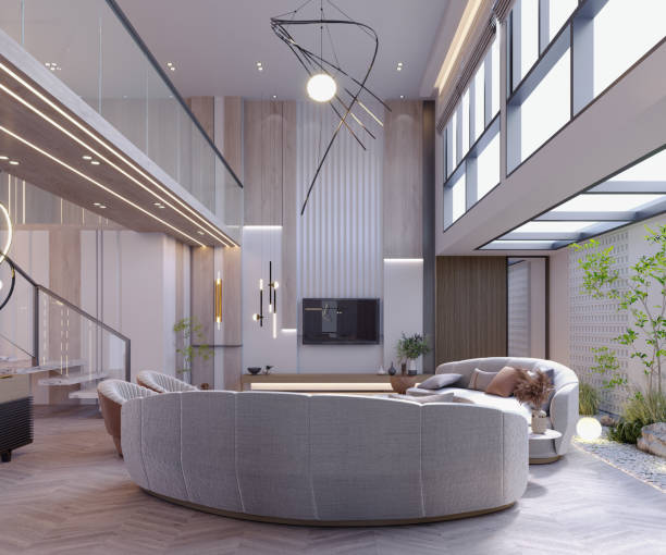 istock 3d rendering,3d illustration, Interior Scene and  Mockup,living room and interior garden,decorated with brown furniture and wood grain. 1447639708
