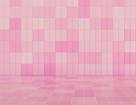 Pink tile wall and floor texture background. Colored mosaic. Simple design with vintage style. Empty space for your design. 3d rendering illustration.