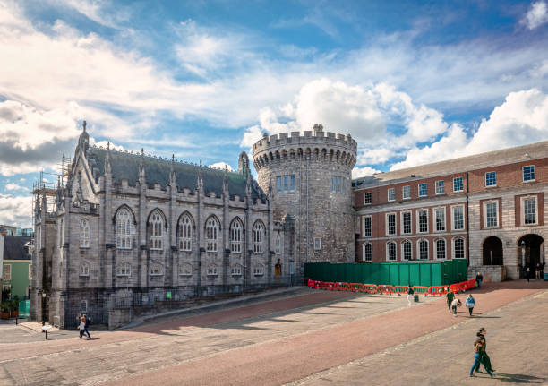 Dublin, Ireland - September 16 2022: The Dublin Castle. From left to right, the Chapel Royal, the Record Tower and the gateway to the upper yard.