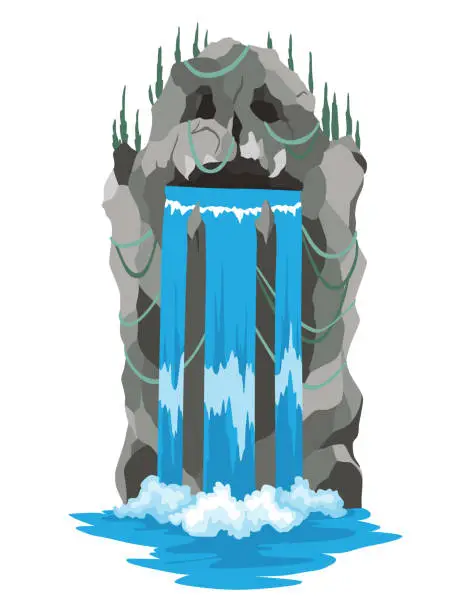 Vector illustration of Cartoon river waterfall. Landscape with mountains and trees. Design element for travel brochure or illustration mobile game. Fresh natural water