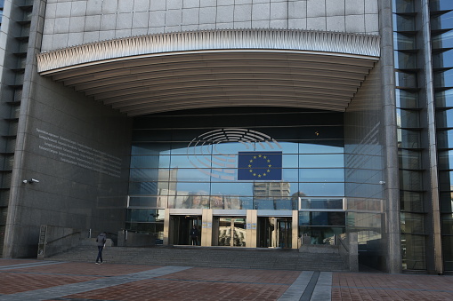 European EU flags in front of the Berlaymont building, headquarters of the European commission in Brussels
