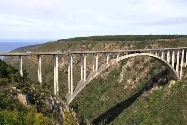 a Beautiful view of the Bloukrans River Bridge on the Garden Route in South Africa. The highest bungee-jumping point in the world