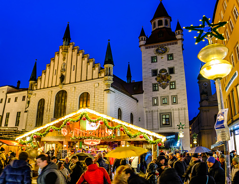 Munich, Germany - December 2: typical sales booth at the annual christmas market in the old town of Munich on December 2, 2022