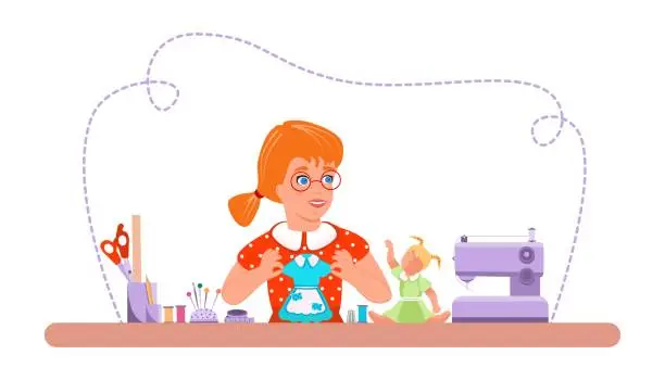 Vector illustration of The girl sews clothes for the doll on a sewing machine. Workshop for sewing and repairing clothes. Illustration.
