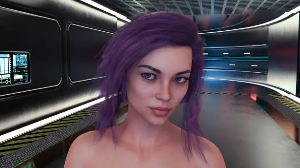 3d Illustration of a woman with purple eyes and hair parted to the side looking into the distance while standing in a starship corridor.