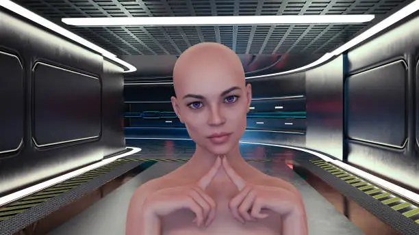 3d Illustration of bald woman standing in a starship corridor with gesturing with two fingers together.
