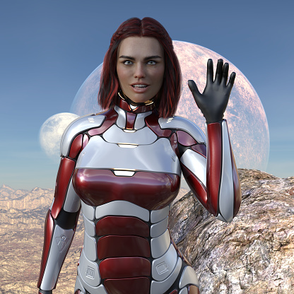 3d illustration of a woman warrior waving in full body armor on an alien planet with to moons rising in the background.