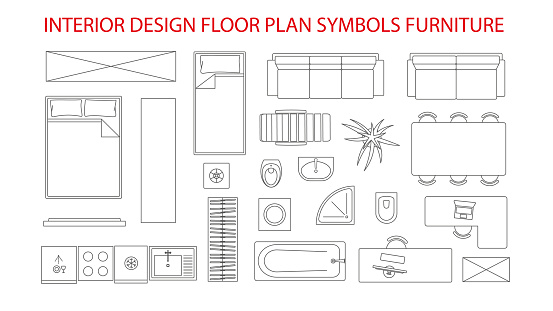 Icon design elements for floor plan. Kitchen, bedroom, bathroom interior furniture symbols. Studio, condominium, flat, house. Top view icon. Vector illustration icon floor plan.