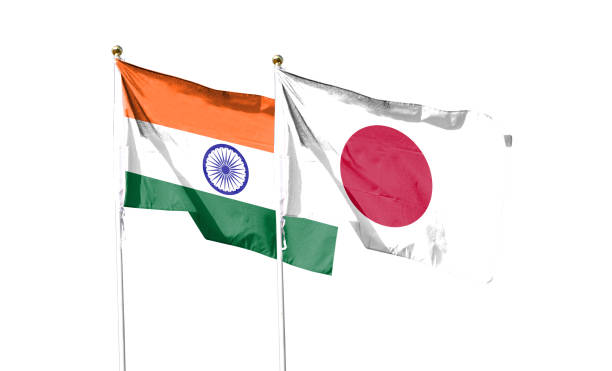 istock Flags of India and Japan with clipping path isolated on white background. Shut down that waving flag. symbol. Frame with empty space for your text. 1447654055