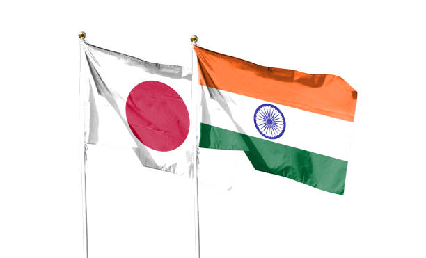 istock Flags of India and Japan with clipping path isolated on white background. Shut down that waving flag. symbol. Frame with empty space for your text. 1447654317
