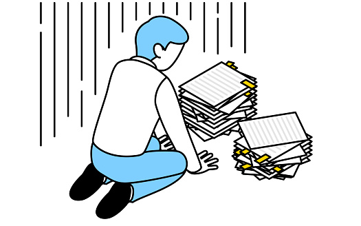 Simple line drawing illustration of a man tired from overtime work cowering in front of a pile of papers.
