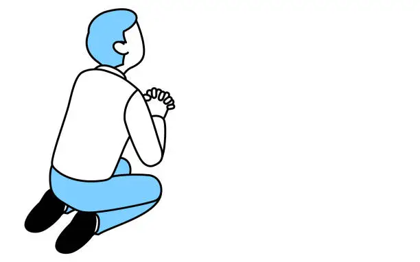 Vector illustration of Image of a man asking for forgiveness, simple line drawing illustration of a man sitting upright and praying with hands folded.