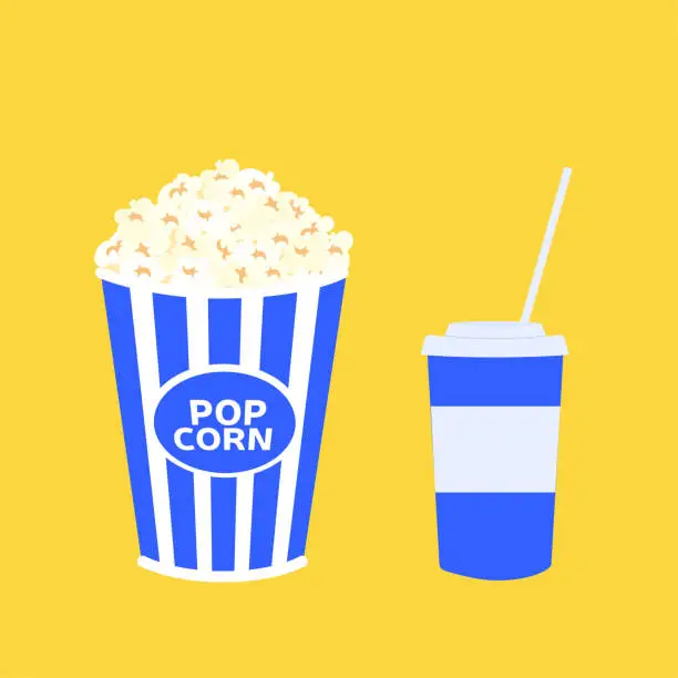 Vector illustration of Popcorn in blue pack with soda in paper cup. Vector illustration.