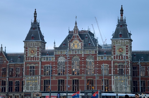 Amsterdam central station at evening