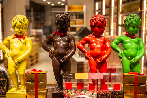 Manneken piss ornamental decorative chocolate sculpture for sale at street of brussells belgium