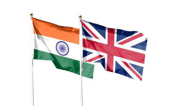 istock Flags of India and Great Britain with clipping path isolated on white background. Shut down that waving flag. symbol. Frame with empty space for your text. 1447656359