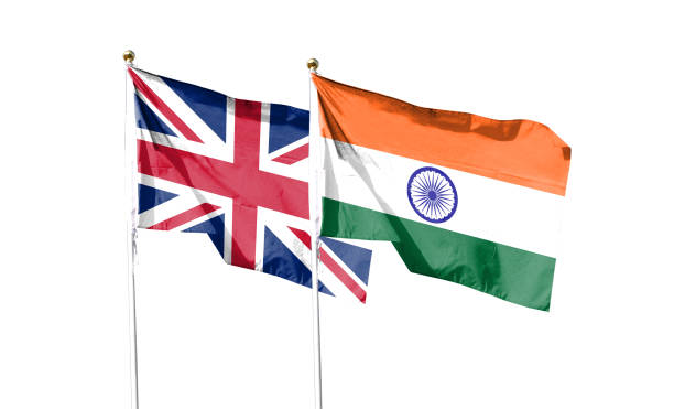 istock Flags of India and Great Britain with clipping path isolated on white background. Shut down that waving flag. symbol. Frame with empty space for your text. 1447656425