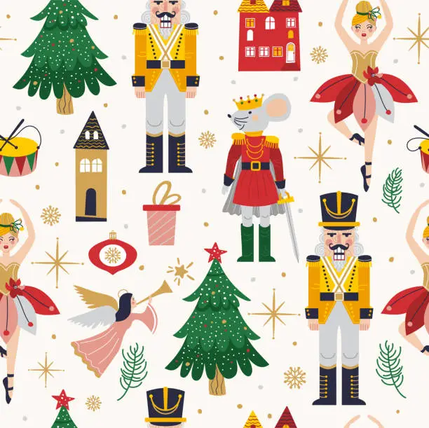 Vector illustration of Merry Christmas, New Year seamless pattern set with Ballerina, Mouse King and Nutcracker. Christmas card with three and toys