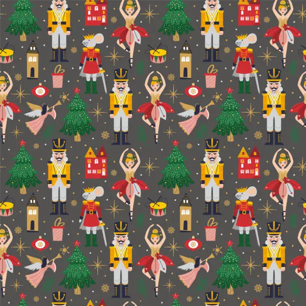 Vector illustration of Merry Christmas, New Year seamless pattern on dark with Ballerina, Mouse King and Nutcracker. Christmas card with three and toys