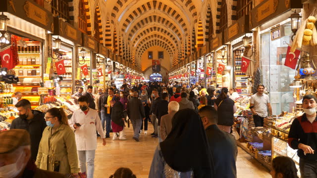 istanbul city tourist popular grand market crowded interior slow motion panorama 4k turkey