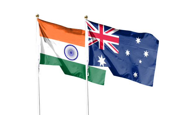 istock Indian flag and Australian flag with clipping path isolated on white background. Shut down that waving flag. symbol. Frame with empty space for your text 1447658618