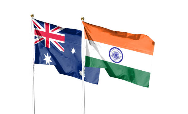 istock Indian flag and Australian flag with clipping path isolated on white background. Shut down that waving flag. symbol. Frame with empty space for your text 1447658639