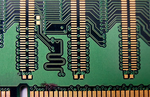 Macro Close up of computer RAM chip random access memory chip slot for PC motherboard.
