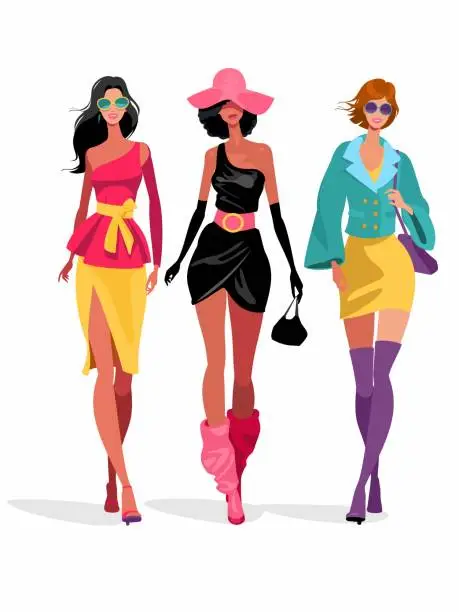 Vector illustration of Three attractive women in stylish clothes walking together.
