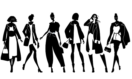 Black and white vector illustration of female silhouettes in modern clothes on white background.