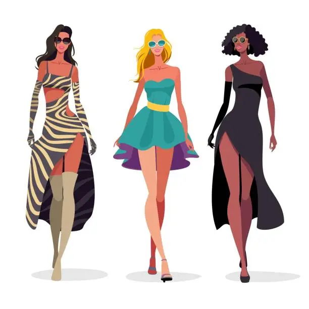 Vector illustration of Three female models walking in beautiful dresses. Only legs, fashion show vector illustration.