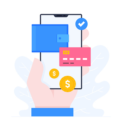 A Human Hand holding a Smart Phone, Flat Design Illustration of Digital Wallet, Cryptocurrency, Fintech