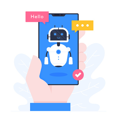 A Human Hand holding a Smart Phone, Flat Design Illustration of Chatbot, Virtual Assistant